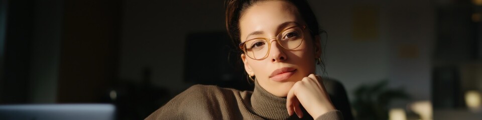 Fototapeta premium Thoughtful young caucasian female in glasses resting chin on hand in dimly lit room
