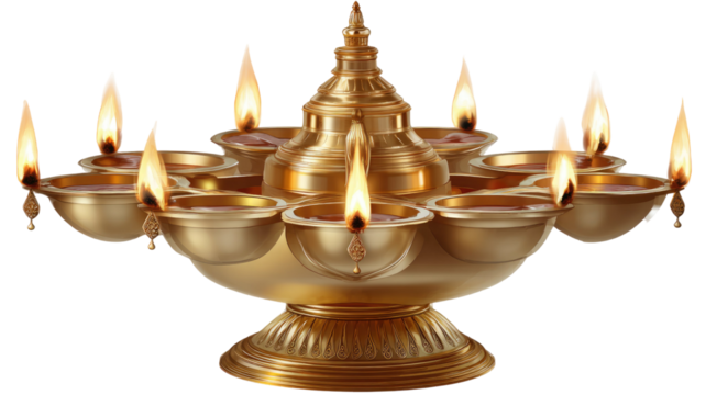 Traditional brass oil lamp with multiple burning flames used for Hindu religious rituals and festive celebrations isolated on white background