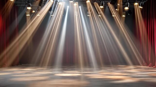 Bright stage lights illuminate an empty theater awaiting the next performance at night