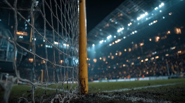 A nighttime view of a soccer goal and field with a crowd in the background, illuminated by stadium lights. - Powered by Adobe