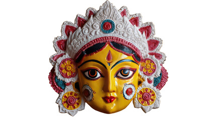 Colorful Durga face sculpture with ornate crown and bright yellow paint showing traditional Indian art craftsmanship isolated on white background