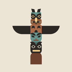 Flat Design Pacific Northwest Totem Pole Vector Illustration in Muted Earth Tones