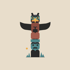 Flat Design Indigenous Totem Pole Vector Illustration with Stylized Eagle and Ancestral Figures