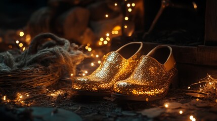 Glittering Golden Shoes Beside Twinkling Lights