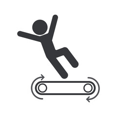 Isolated pictogram person falling from moving conveyor belt, used as industrial safety sign warning not to stand or sit.