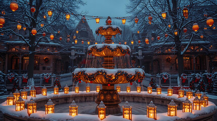 Snowy Christmas Fountain Decorated with Golden Holiday Lights
