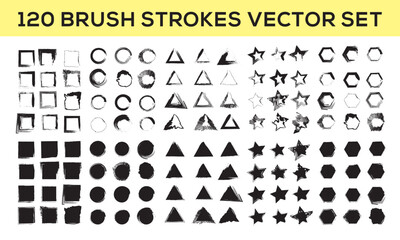 Large set different collection of diverse grunge brush strokes. Dirty, artistic design elements isolated on a white background. Black ink vector brush strokes.