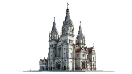 Ancient gothic cathedral with tall spires and detailed stone architecture showcasing historical religious monument isolated on white background