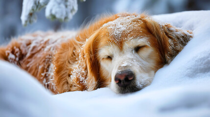 A close-up of a golden retriever sleeping peacefully in snow, a beautiful and serene portrait of a cute dog in winter, a heartwarming image of a pet resting under a snowy tree.