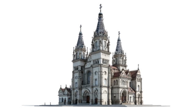 Ancient gothic cathedral with tall spires and detailed stone architecture showcasing historical religious monument isolated on white background