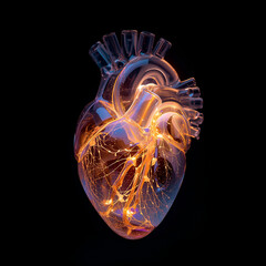 A human heart made of glowing glass tubes pumping liquid light, suspended in a dark void, hyper-realistic macro photography style,Generative.AI
