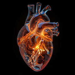 A human heart made of glowing glass tubes pumping liquid light, suspended in a dark void, hyper-realistic macro photography style,Generative.AI