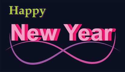 Happy New Year 3D text design with pink gradient infinity curve on dark background. Modern festive vector typography for holiday greetings, new year 2026, posters, and celebration banners.