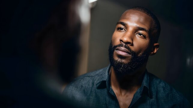 A Black man with a beard looks into a mirror in dramatic lighting