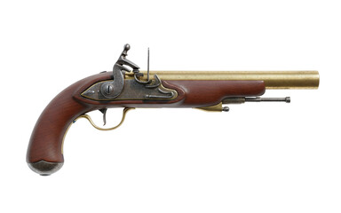 Ornate antique flintlock pistol with brass barrel