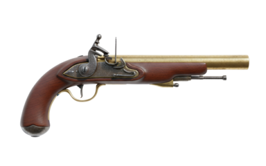 Ornate antique flintlock pistol with brass barrel