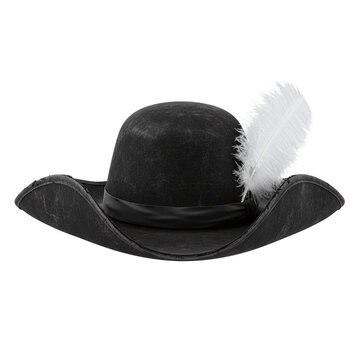 Weathered black cavalier hat with a white feather