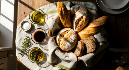 Artisan Bread Displayed With Olive Oil, Herbs, And A Rustic Table Setting