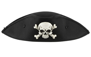 Black pirate tricorne hat with silver skull emblem