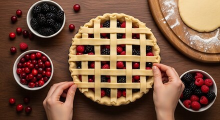 Hands preparing a lattice top berry pie with fresh cranberries and blueberries on a wooden table