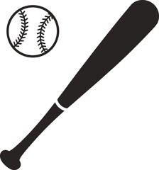 Black baseball and bat icon design element on transparent background silhouette