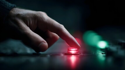 Close up of a human finger pressing a glowing red button on a dark control panel with blurred green lights in the background
