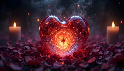 Broken glass heart glowing faintly among dark petals and candle smoke, symbol of love and mystery, cinematic concept art.
