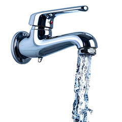 A chrome faucet dispenses flowing water against a black background. The spout is open