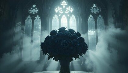 Moonlight shining through gothic window onto a bouquet of black roses, soft mist and romantic shadows filling the room