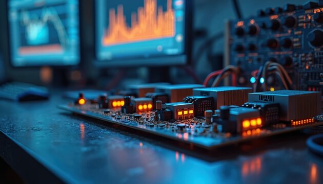 Close up shot of advanced electronic circuit board with glowing orange lights. Two computer monitors display data graphs in background. High tech laboratory workbench setup shows complex radio