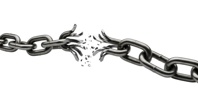 A broken metal chain is dramatically showcased against a stark black background, implying freedom.