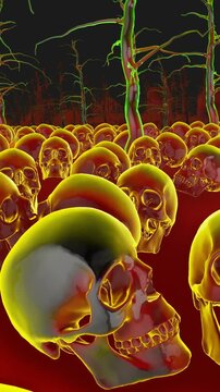 Seamless vertical video animation flying over a glass graveyard with skeletons and skulls. Modern halloween background.