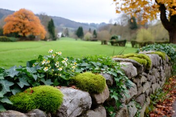 Obraz premium Autumn stone wall with ivy and moss in countryside