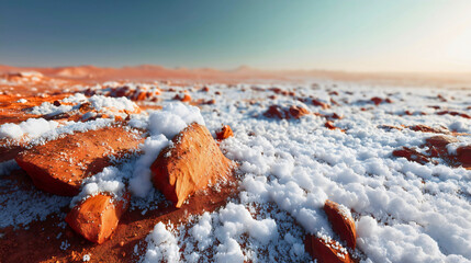 A frozen landscape of Mars with sparkling ice crystals, a beautiful and otherworldly scene on an alien planet, a sci-fi concept of a cold winter on the red planet.