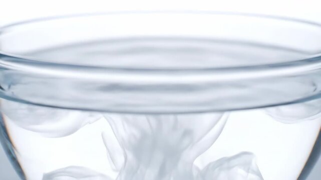 Fine white powder slowly dissolves into clear water, creating beautiful, swirling currents and intricate patterns in slow motion dissolution, peaceful, education
