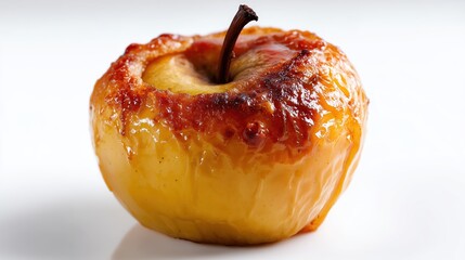 Pomme caramélisée dorée et brillante avec sa tige sur fond blanc