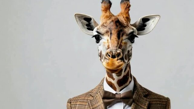 A whimsical portrait features a giraffe with a suit and bow tie. animal portrait creative abstract fancy
