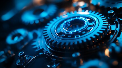 Close up shot of intricate gears and mechanical components illuminated with blue light for detail