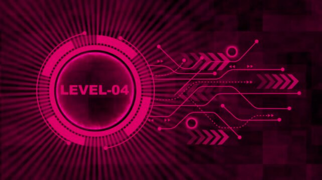 Level-04 text glowing animation with technology background. Level-04 text glowing animation. technology abstract background of animation concepts. 4k video motion graphic animation. 