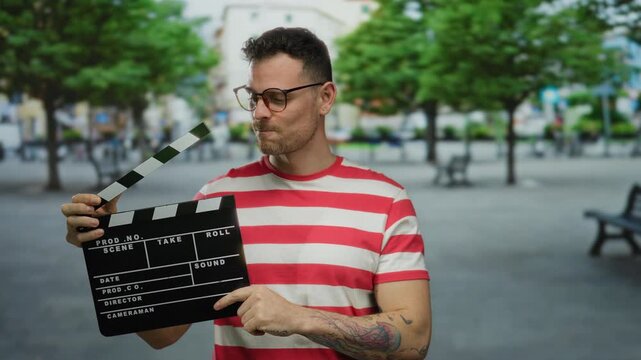 Handsome man smiling on city street holding film clapperboard wearing striped shirt glasses and tattoos urban background creating vibrant outdoor scene.