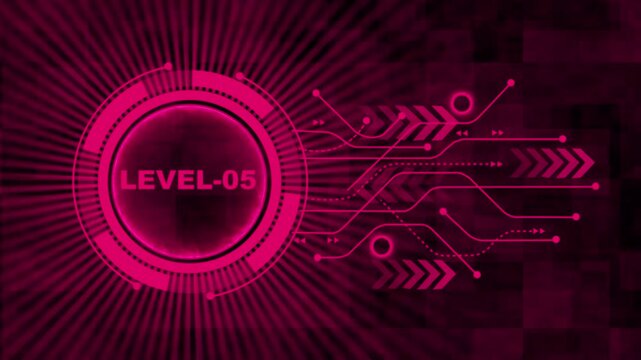 Level-05 text glowing animation with technology background. Level-05 text glowing animation. technology abstract background of animation concepts. 4k video motion graphic animation. 