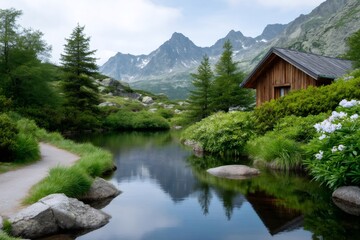 Fototapeta premium Mountain cabin reflecting in an alpine lake with trail