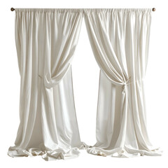 Silky, off-white, draped curtains on a plain black background, elegant and luxurious