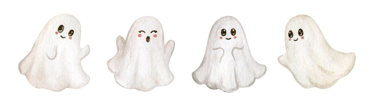 Watercolor set of cute ghosts. Hand drowing halloween ghosts, vintage ghost on white background. Funny halloween for cards, invitations, posters, stickers, fabric, print.