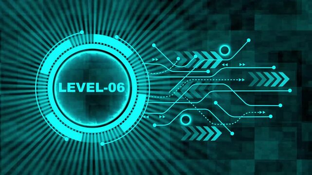 Level-06 text glowing animation with technology background. Level-06 text glowing animation. technology abstract background of animation concepts. 4k video motion graphic animation. 