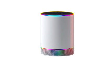 Smart wireless speaker with glowing colorful light ring and modern cylindrical shape for home audio isolated on white background
