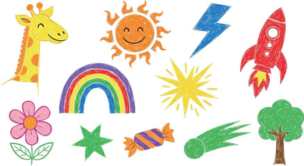 Obraz premium Vector art of collection of colorful crayon drawings of animals and objects