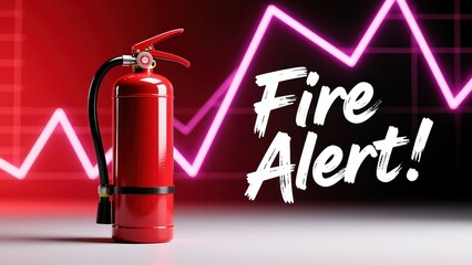 Red extinguisher beside fire alert text on red gradient background, showing emergency readiness and fire safety