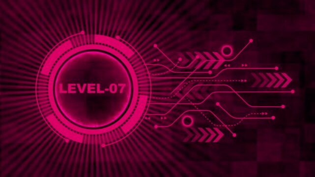 Level-07 text glowing animation with technology background. Level-07 text glowing animation. technology abstract background of animation concepts. 4k video motion graphic animation.