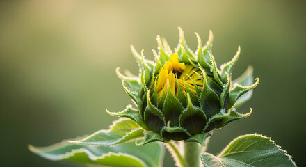 Unopened Sunflower Bud Close-Up Vibrant Green and Yellow Symbolizes Hope Fresh